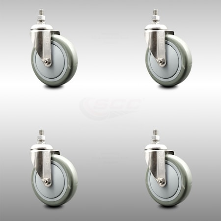 Service Caster 5 Inch 316SS Gray Polyurethane Wheel Swivel 10mm Threaded Stem Caster Set SCC-SS316TS20S514-PPUB-M1015-4